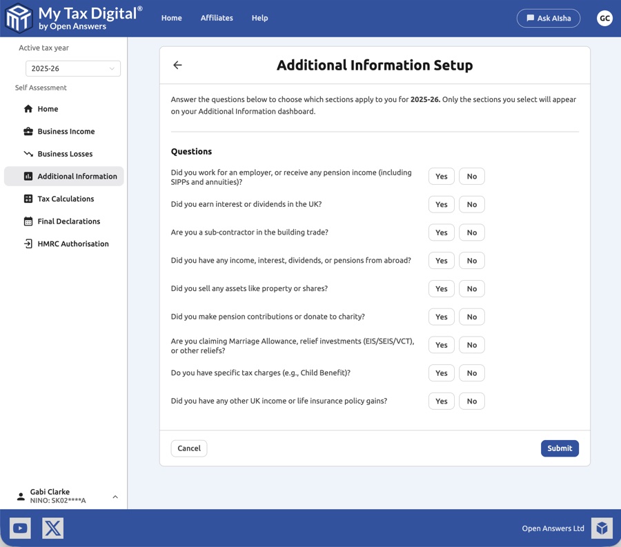 Additional Information setup questionnaire