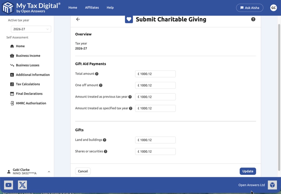 Charitable givings update form