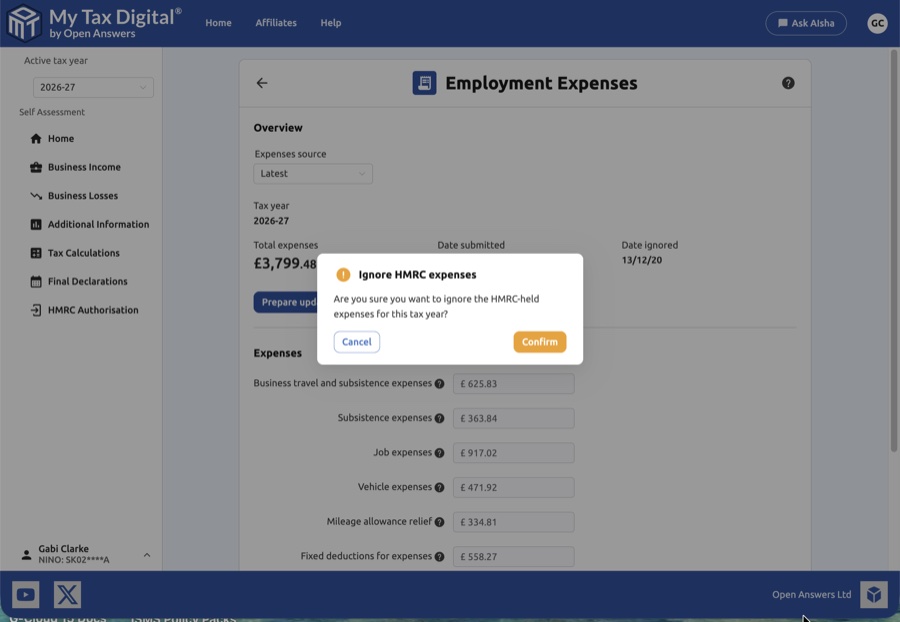 Ignore HMRC expenses confirmation