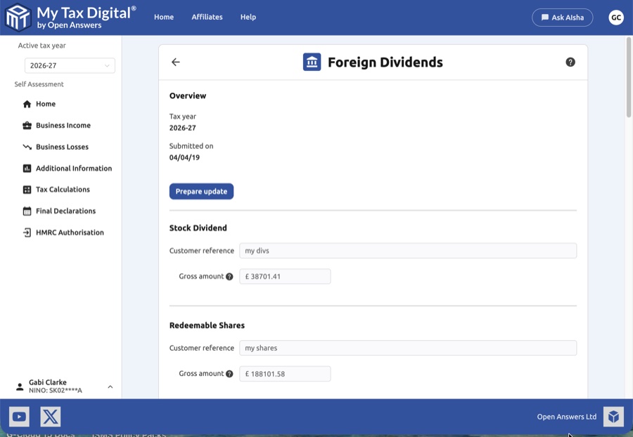 Foreign dividends update form