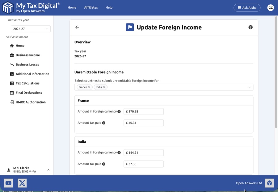Foreign income update form