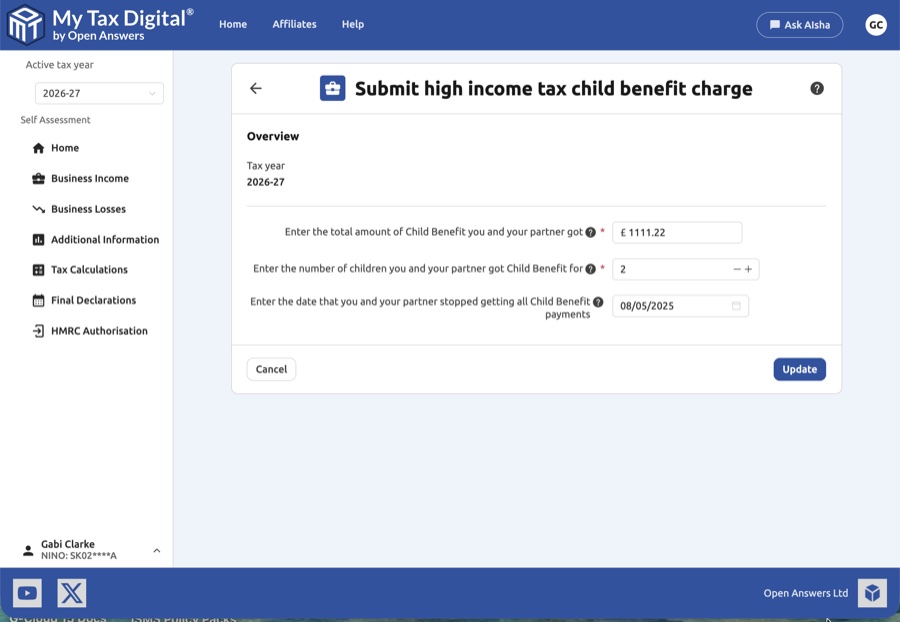 High income child benefit update form