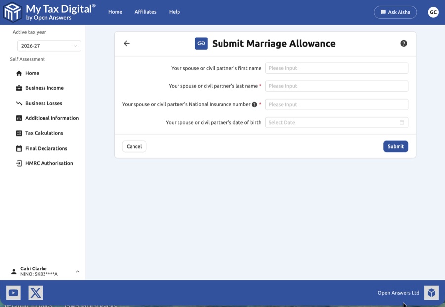 Marriage allowance submit form
