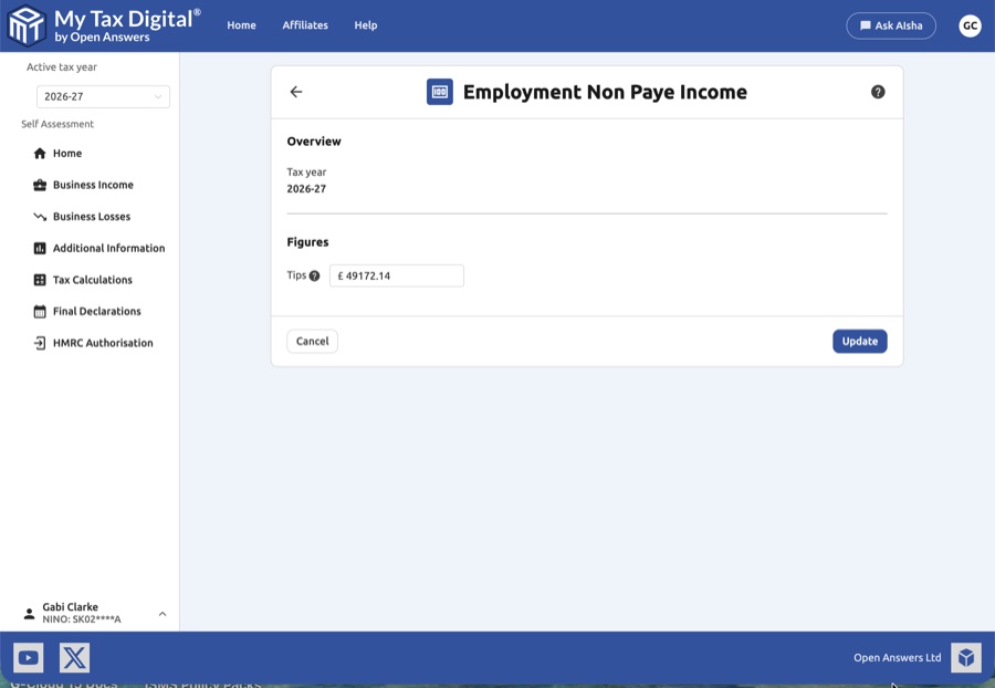 Employment non PAYE income update form