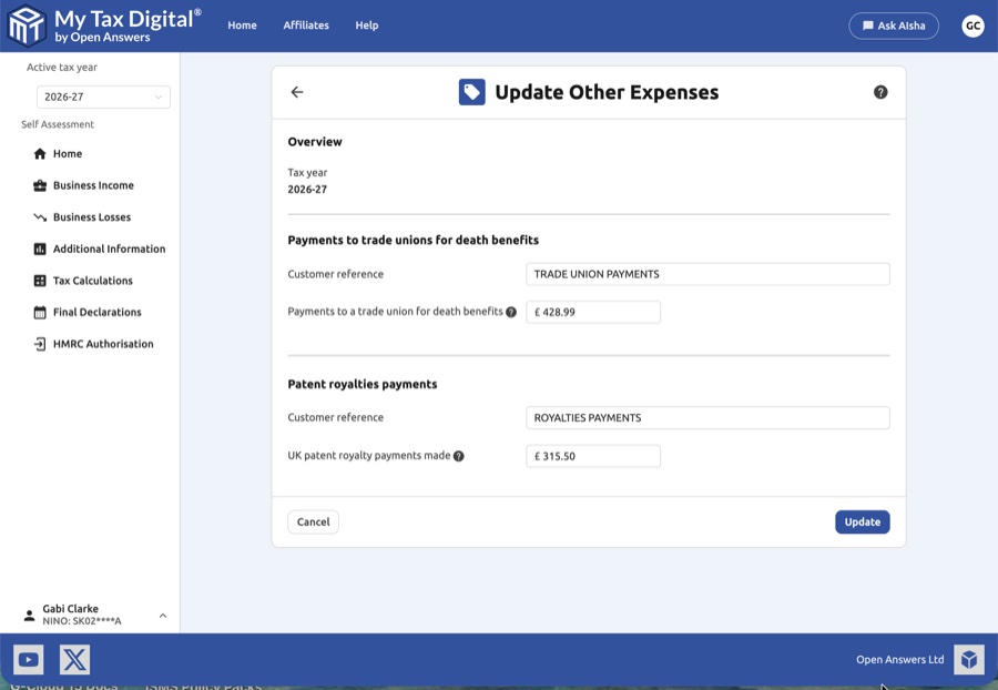 Other expenses update form