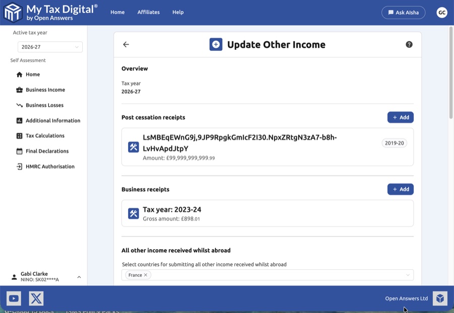 Other income update form