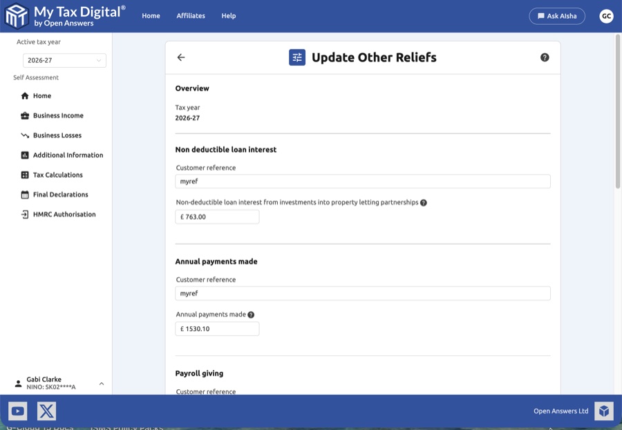 Other reliefs update form