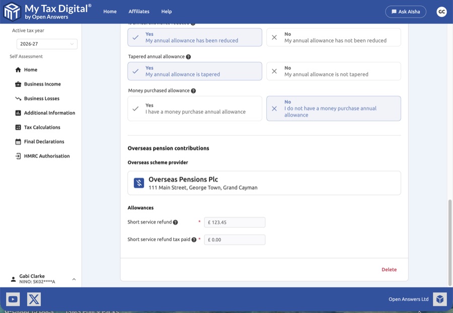 Pension charges scrolled view