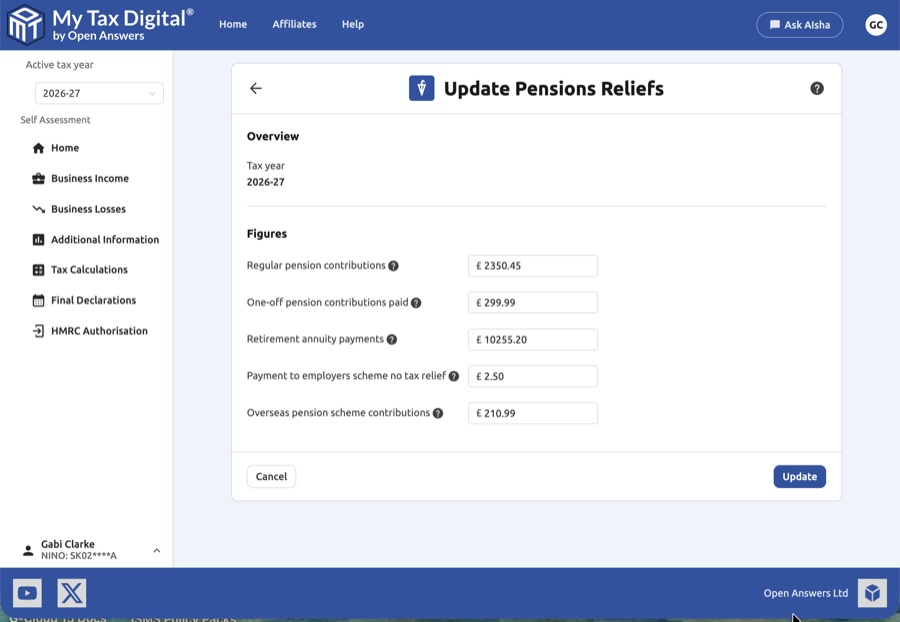 Pensions reliefs update form