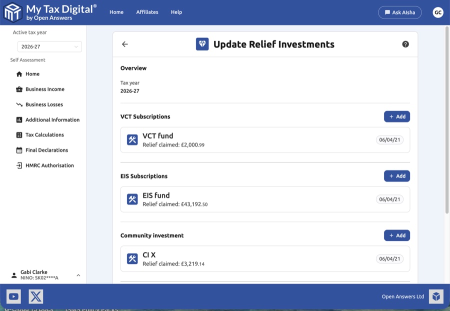 Relief investments update form