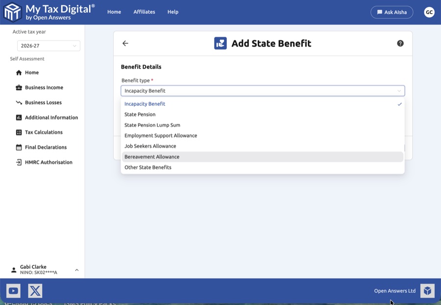 State benefit type dropdown