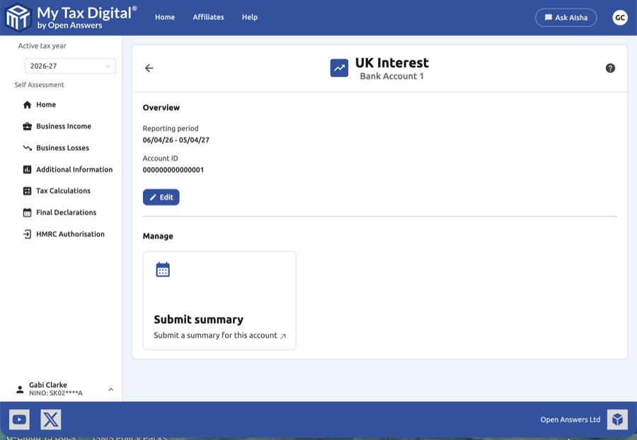 UK Interest account overview