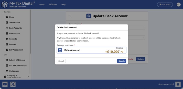 My Tax Digital Delete bank account reassignment modal