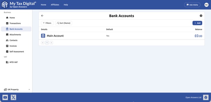 My Tax Digital Bank Accounts list