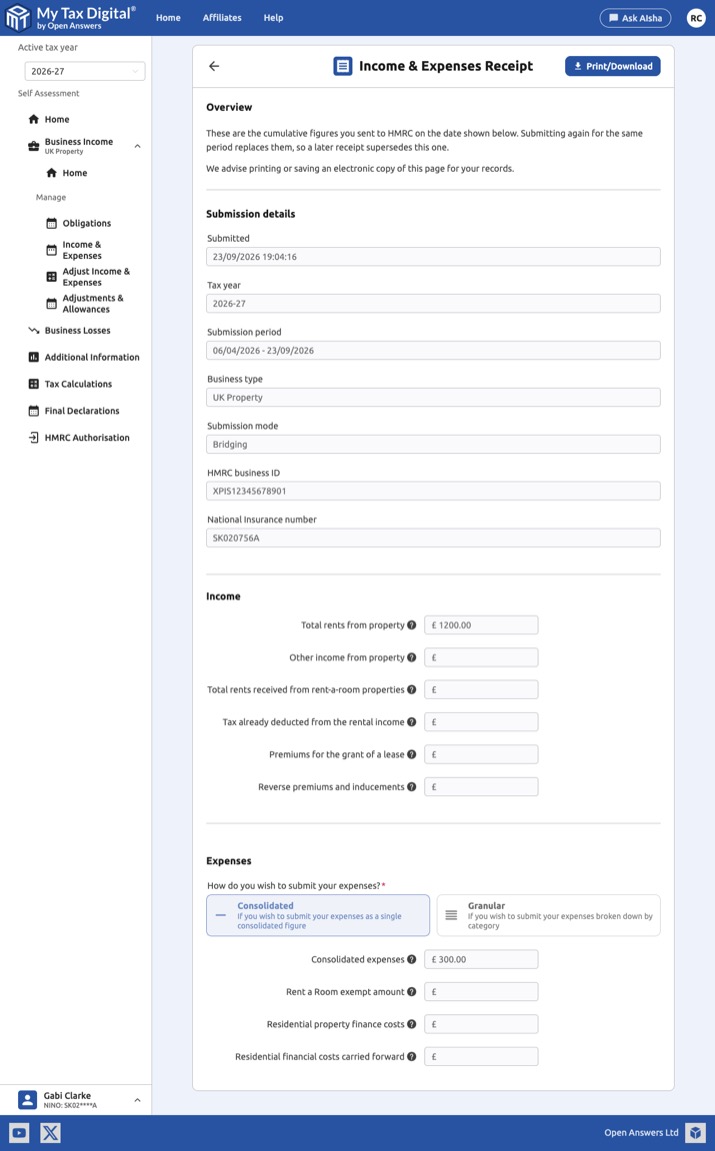 My Tax Digital - Income & Expenses Receipt