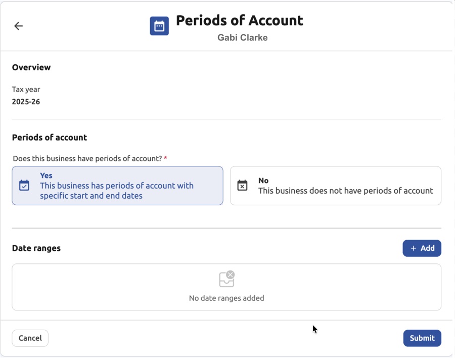 Periods of Account — Yes selected