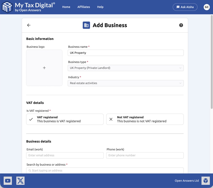 Add Business form