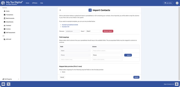 My Tax Digital Import Contacts column mapping