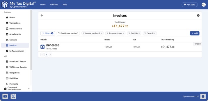 My Tax Digital Invoice list filtered with active filter chips and updated running total