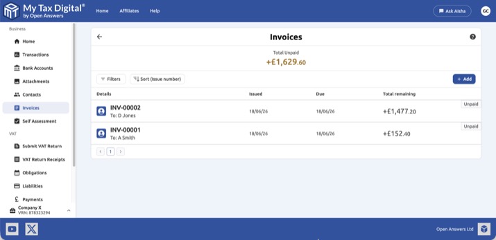 My Tax Digital Invoices list with Total Unpaid running total