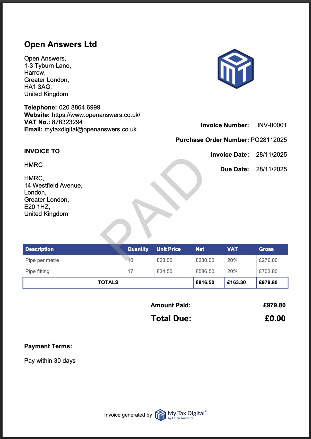 My Tax Digital E-Invoice Paid