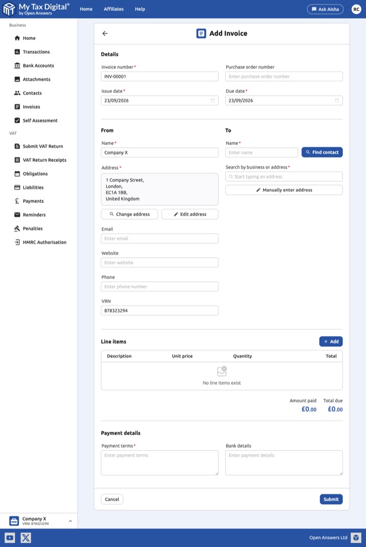 My Tax Digital E-Invoice payment details