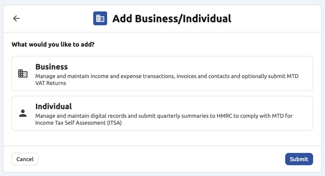 My Tax Digital - Add Business or Individual
