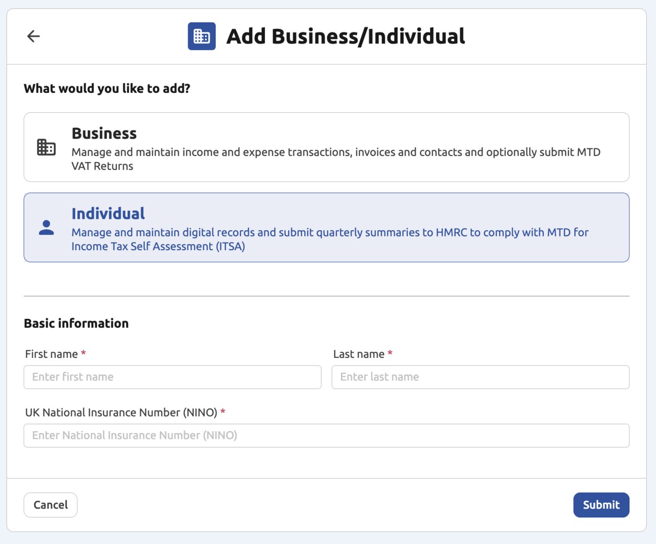 My Tax Digital - Add Individual