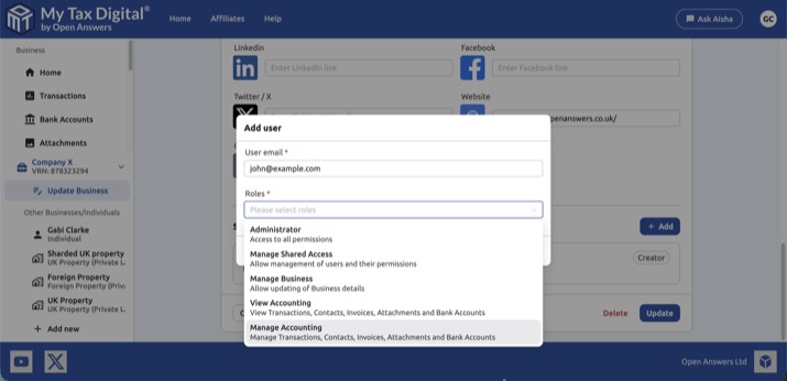My Tax Digital Shared Access - Add User (Business)
