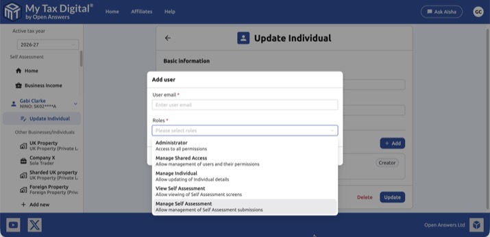 My Tax Digital Shared Access - Add User (Individual)