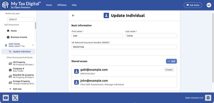 My Tax Digital - Shared access panel with John added
