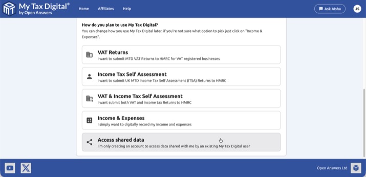 My Tax Digital - Onboarding: Access shared data option