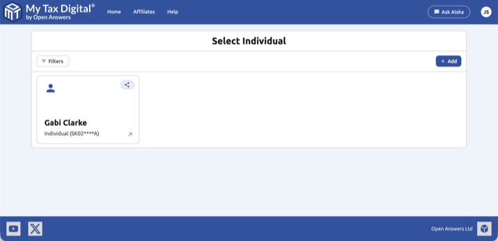 My Tax Digital - John's Select Individual screen showing Gabi Clarke
