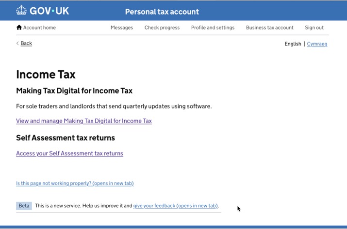 HMRC Personal Tax Account — Income Tax page showing MTD section