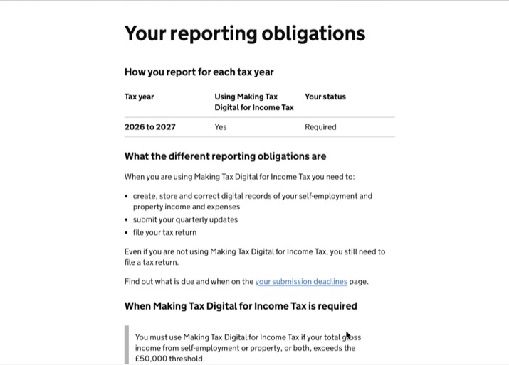 HMRC reporting obligations page showing Required status