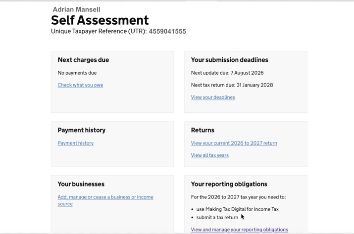 HMRC Self Assessment dashboard showing MTD active
