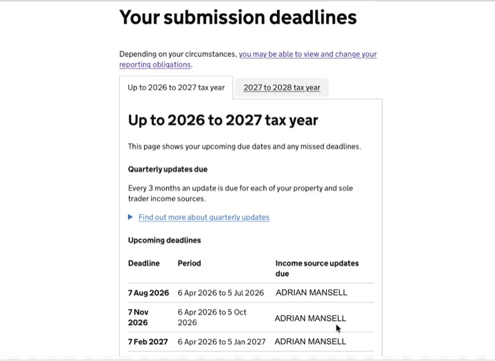 HMRC submission deadlines page showing quarterly updates