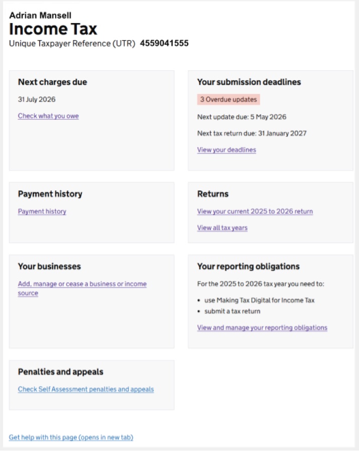 HMRC online services — Your reporting obligations panel