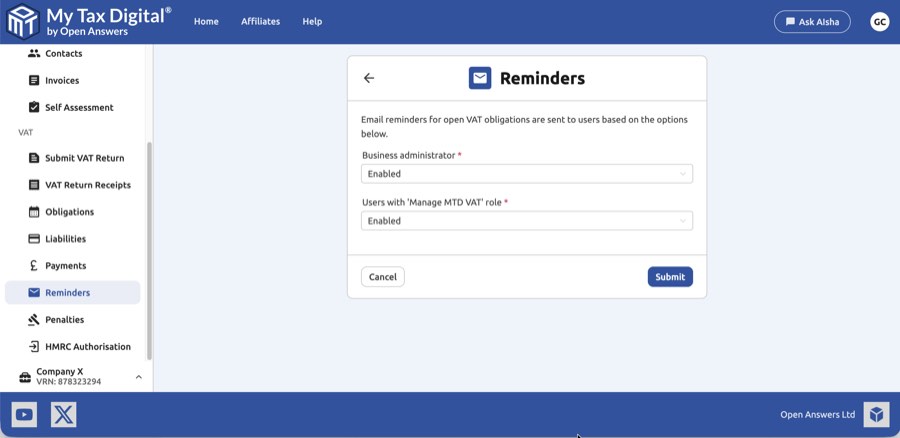 My Tax Digital VAT Reminders