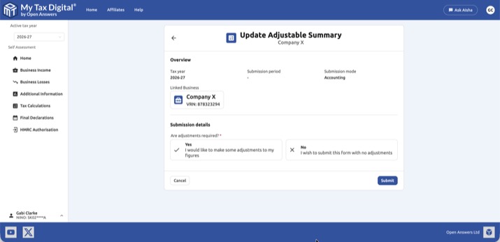 My Tax Digital - Update Adjustable Summary