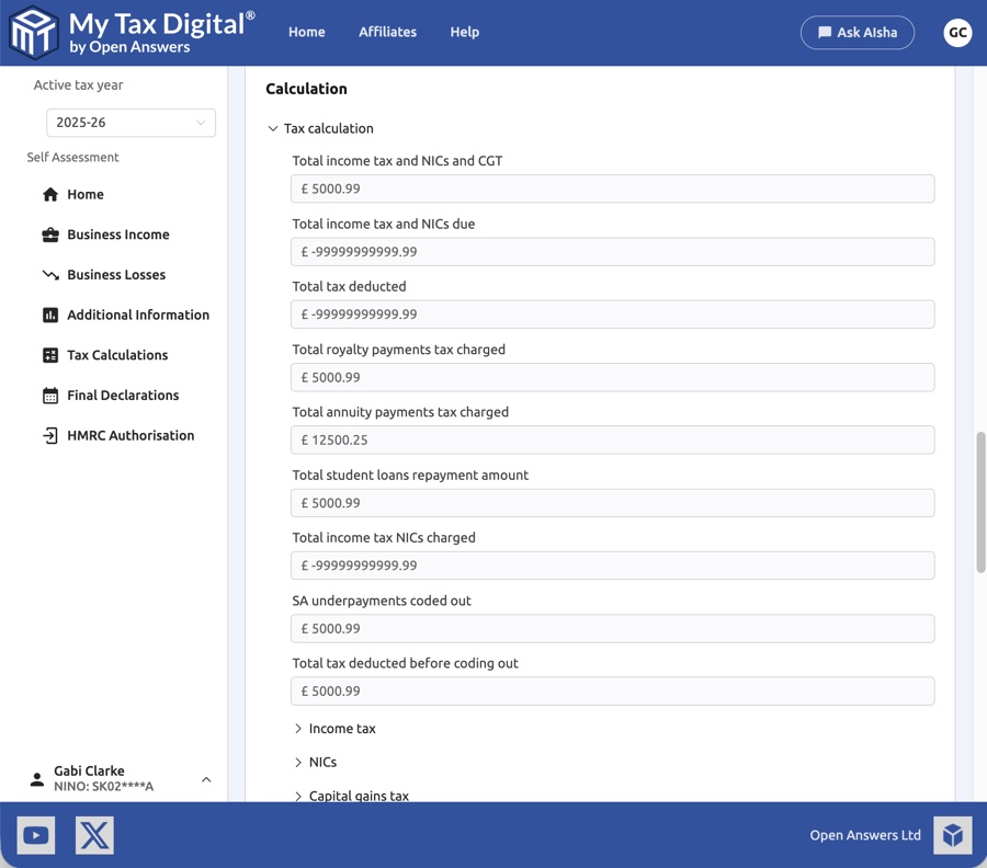 Tax Calculation breakdown