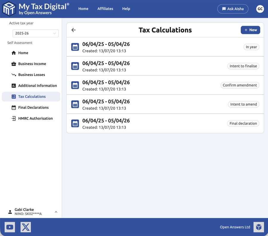 Tax Calculations list