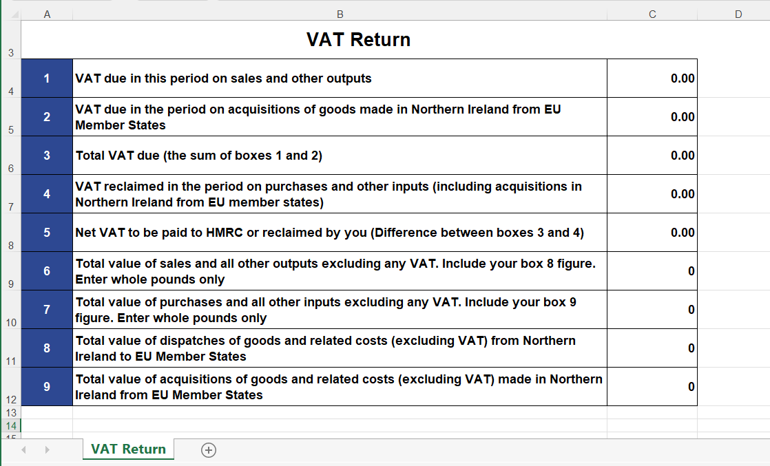 My Tax Digital create spreadsheet with 9 VAT figures