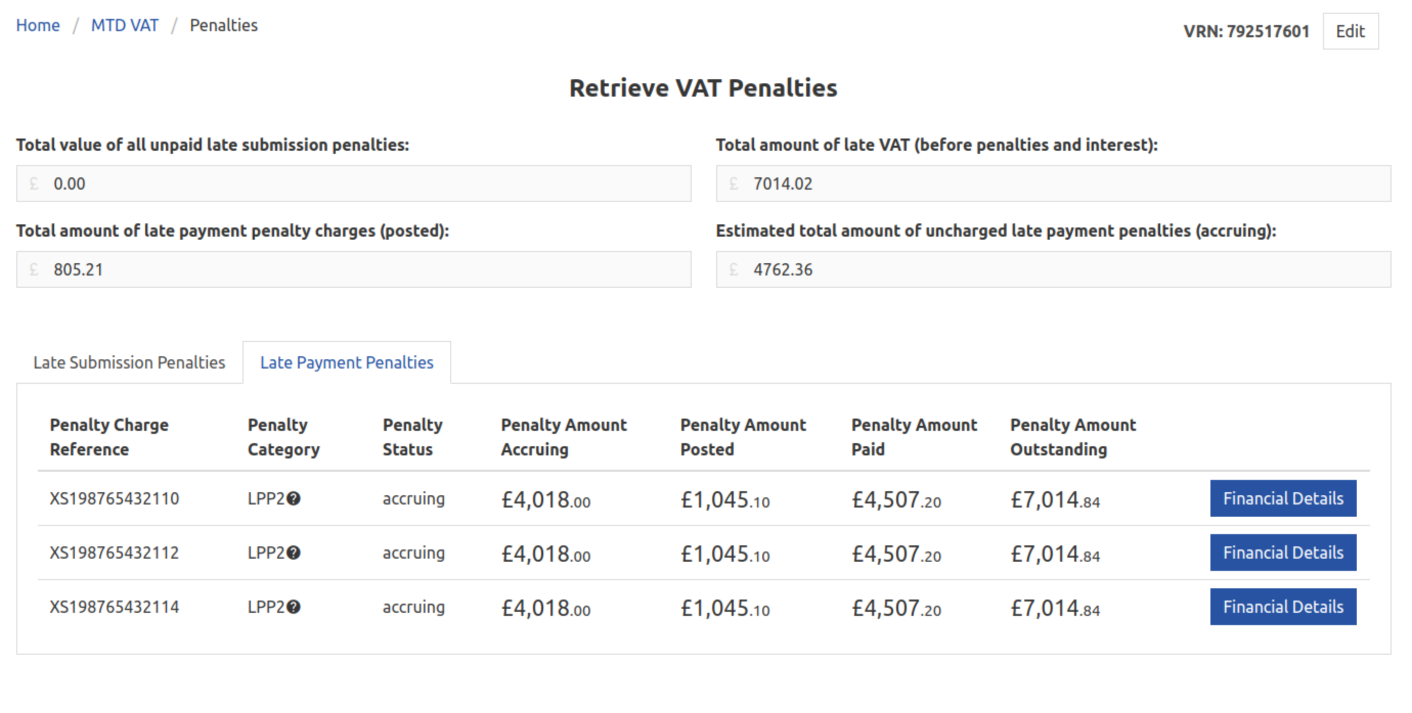 My Tax Digital View VAT Late Payment Penalties