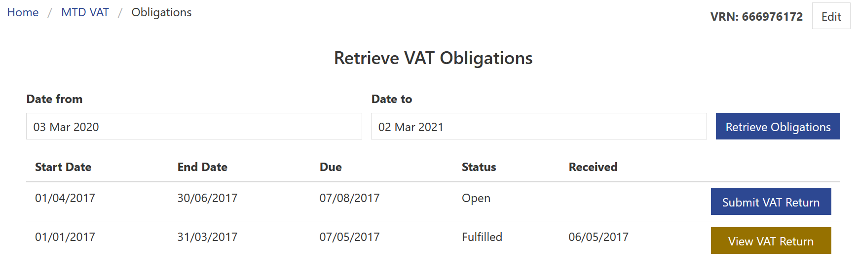 My Tax Digital View VAT Obligations