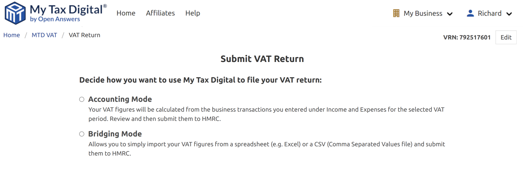 My Tax Digital HMRC MTD VAT submission mode
