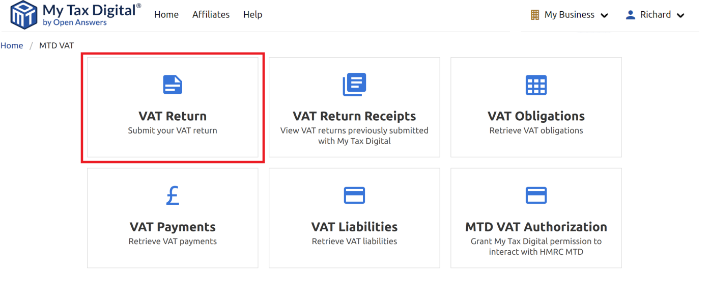 My Tax Digital MTD VAT return tile