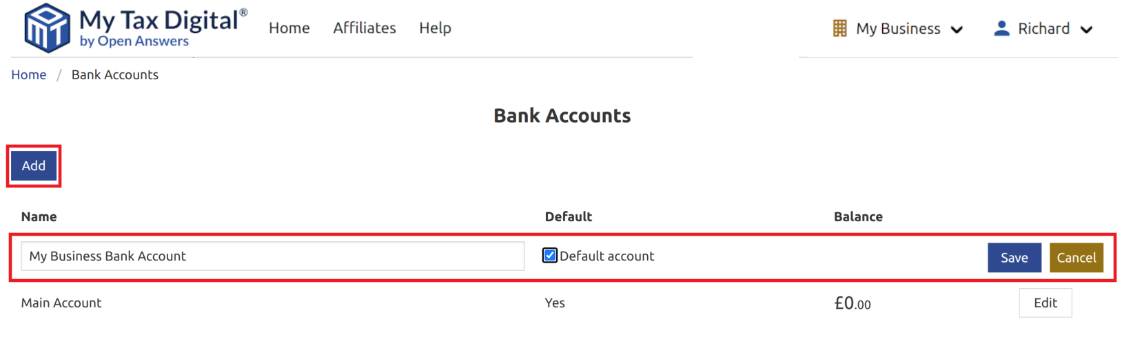 My Tax Digital Adding Bank Accounts