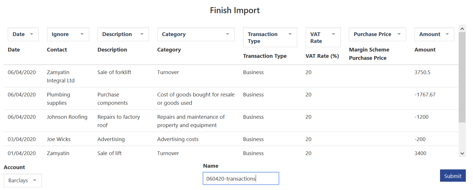 My Tax Digital importing transactions from a CSV 