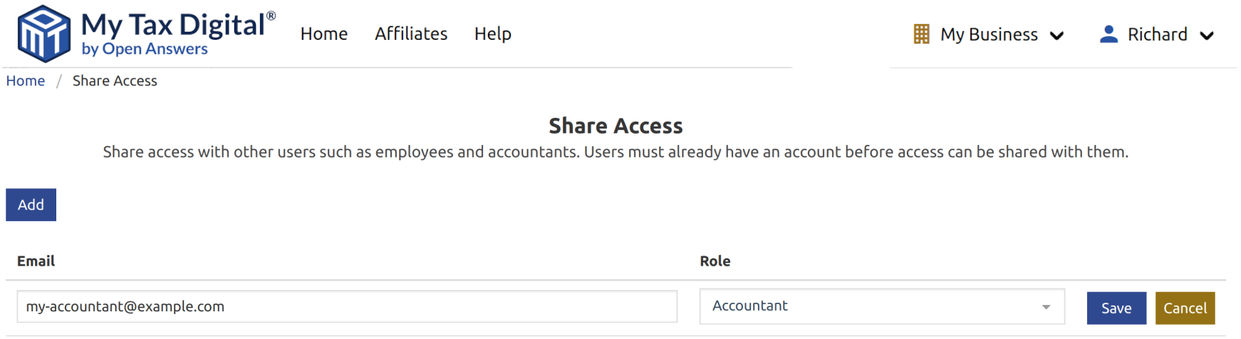My Tax Digital Sharing access to a business